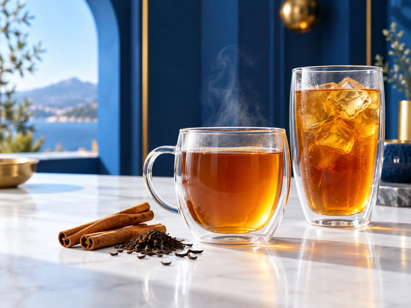 Hot and iced amber tea in double-wall glasses with cinnamon quills and black tea leaves