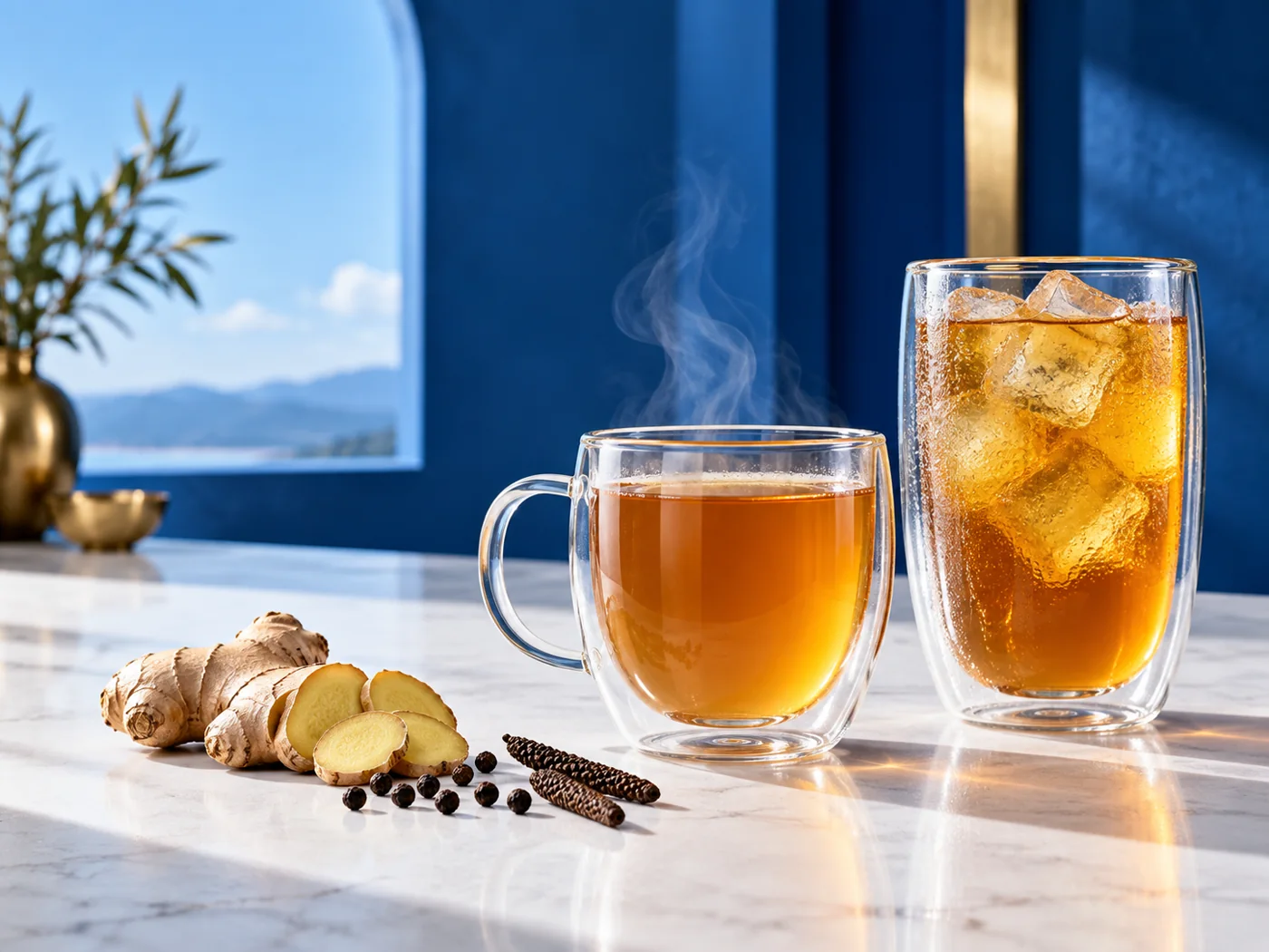 Hot and iced golden tea in double-wall glasses with ginger, black pepper and long pepper
