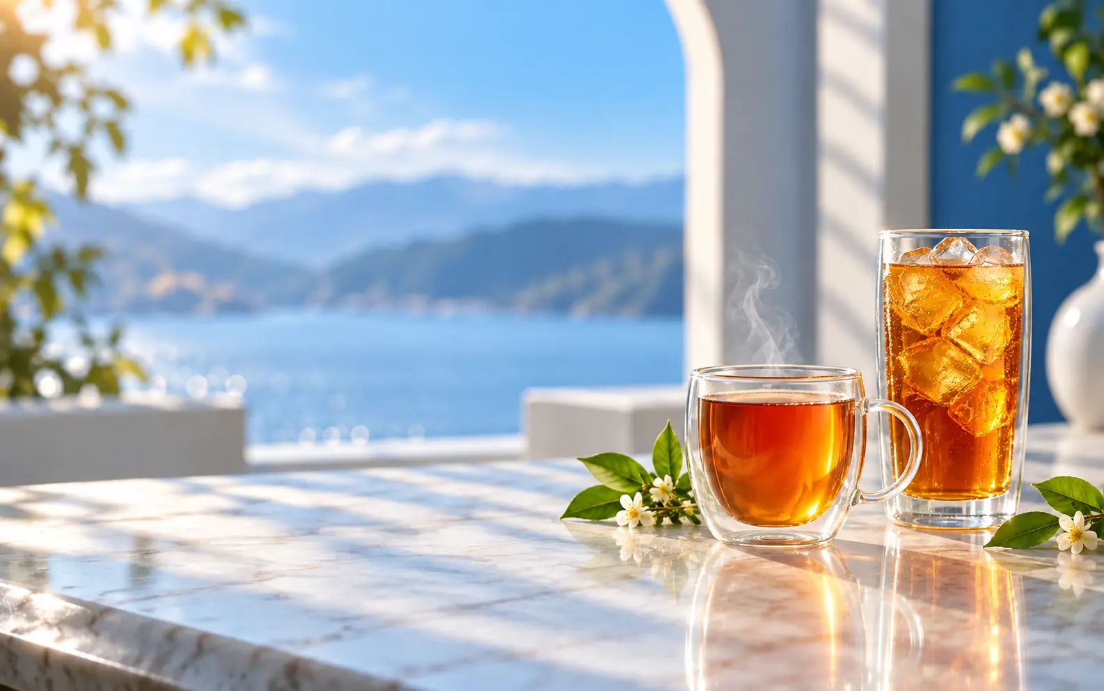 Hot and iced amber tea in elegant double-wall glasses