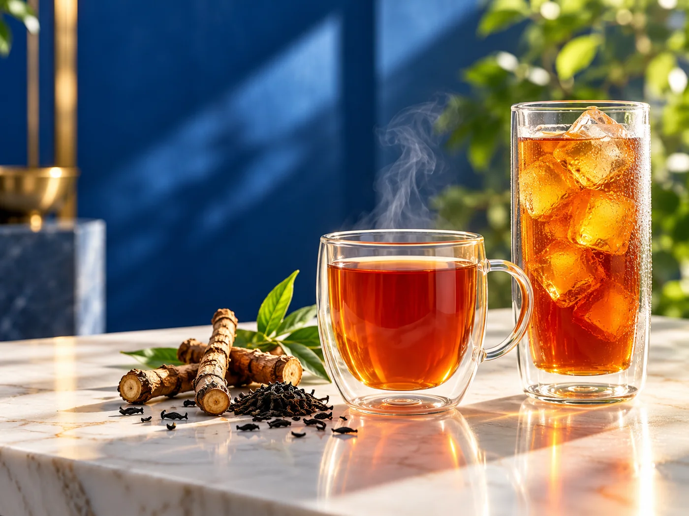 Hot and iced deep amber tea in double-wall glasses with botanical serving cues